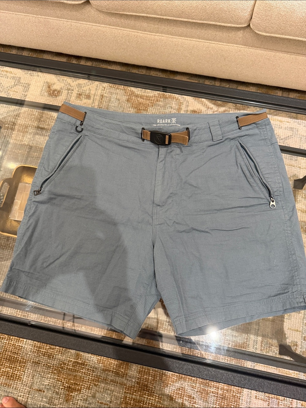 Roark Slate Gray Hybrid Performance Shorts with Tan Belt